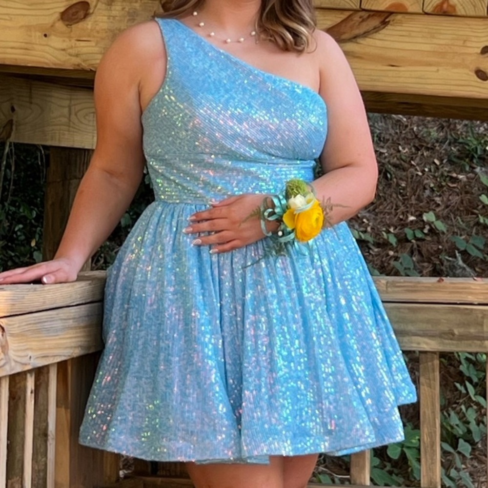Sherri Hill Blue One Shoulder Sequin Formal Cocktail Dress Size 14